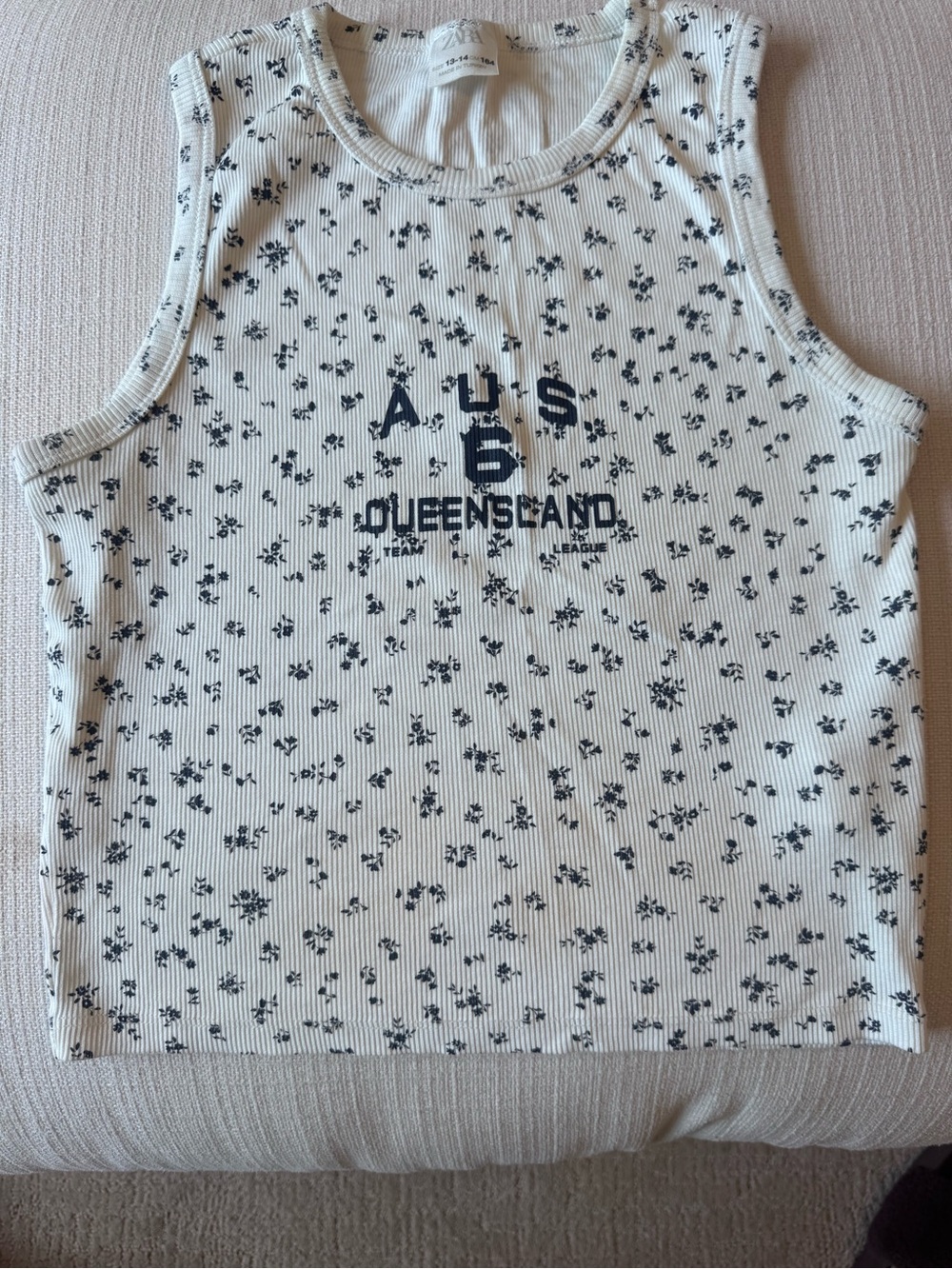 Zara Girls White + Navy Floral Ribbed Graphic Tank Top